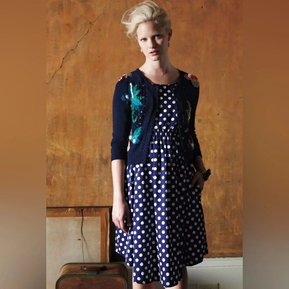 Anthropologie Vanessa Virginia Navy Blue And White Polka Dot Dress - Size 10 - Picture 2 of 12